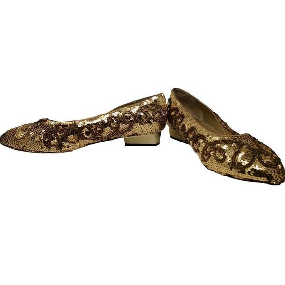 Vintage Gold Sequin Shoes with Dark Gold Glass Beading | Size 10 | Circa 1980s-1 - Picture 1 of 7